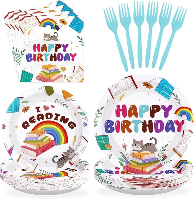 96Pcs Book Theme Birthday Party Supplies I Love Reading Plates and Napkins Library Reading Themed Tableware Set for Club Back to School Book-Themed Birthday Party Supplies，Serves 24