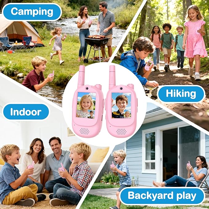 Video Walkie Talkies for Kids, 2 Pack Rechargeable Real-Time Video Chat & Voice Changer Walkies Talkies with Watch Straps, Long Range Family Games, Outside, Gifts for Boys Girls Ages 3-12 Pink