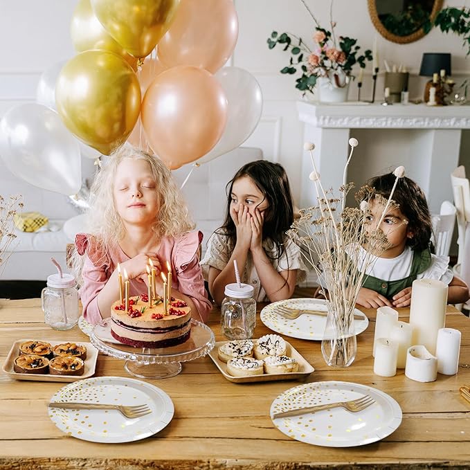 White and Gold Paper Plates Party Supplies,Disposable Gold Dot Paper Dessert Plates,100 Pack - 50 x 9 and 50 x 7 Birthday Plates for Wedding,Graduation
