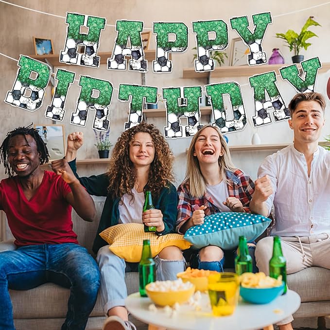 Zwiebeco Black Green White Football Happy Birthday Banner Bunting Hanging Paper Swirls Garland Party Decorations for Boys Girls Kids Adults Soccer Sports Themed Bday Decor Accessories Supplies