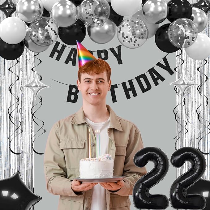22th Birthday Decorations for Boys Girls, Silvery and Black Happy 22th Birthday Banner,Number 22 Balloons Arch Kit for 22 year old Birthday Party Decorations
