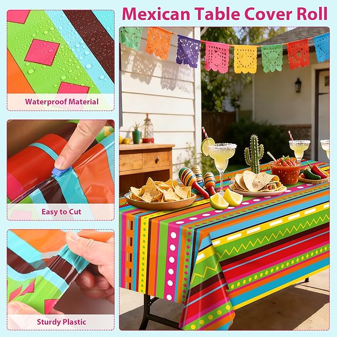 Kochorie 1 Roll 100 Ft x 54 Inch Mexican Fiesta Party Tablecloth Roll with Cutting Box Disposable Plastic Mexican Striped Table Cover Backdrop for Fiesta Taco Party Supplies