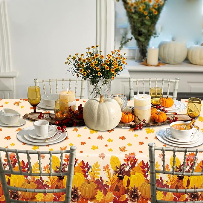 3 Pieces Fall Disposable Tablecloth Decoration Fall Theme Plastic Table Cover Autumn Pumpkin Maple Leave Table Cloth Thanksgiving Pumpkin Tablecover for Autumn Harvest Party Supplies Favors