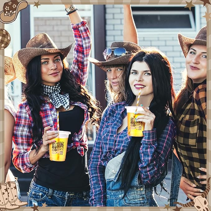 Yungyan 50 Sets Western Cowboy Plastic Cups with Lids and Straws 16 oz Howdy Brown Cowboy Cowgirl Coffee Juice Drinking Cups for Western Party Decoration Wedding Birthday Bachelorette Party Supplies