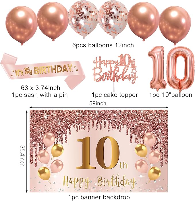 10th Birthday Decorations for Girls, Pink Rose Gold Happy 10 years old Birthday Banner Backdrop Balloons Sash Table Cake Topper Honeycomb Centerpieces Hanging Swirls Paper Fans Party Supplies