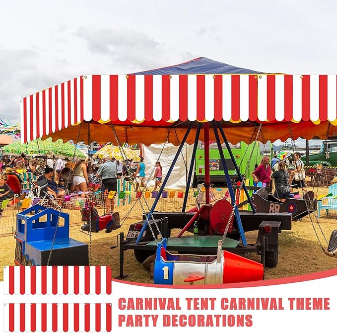 Preboun 6 Pcs Carnival Tent Circus Hanging Awning Decorations Red White Striped Carnival Banner Canopy Party Supplies for Kids Birthday Mardi Gras Theme Christmas Celebration, 9.84 x 78.74 Inches
