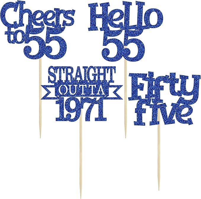 Ephlyn 24Pcs 55th Birthday Cupcake Toppers Glitter Straight Outta 1971 Cupcake Picks Hello 55 Cheers to 55 Years Cake Decorations for 55th Birthday Anniversary Party Decorations Supplies Blue