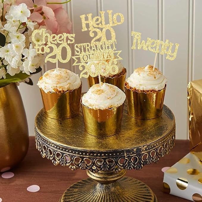 Ephlyn 24Pcs Happy 20th Birthday Cupcake Toppers Glitter Straight Outta 2006 Cupcake Picks Hello 20 Cheers to 20 Years Cake Decorations for 20th Birthday Anniversary Party Decorations Supplies Gold