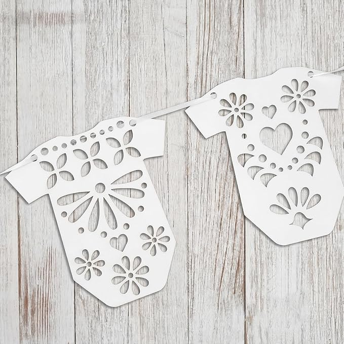 4 Set Cielito Lindo Baby Shower Garland 48 Pcs White Papel Picado Party Decorations Mexican Lace Baby Bodysuit Banner Card with Hanging String for Gender Neutral Party Supplies