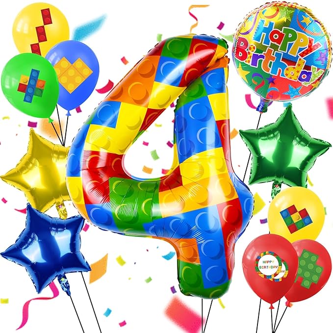40 Inch Building Block Number Balloon, Colorful Number Block Foil Balloons Large Big Numbers Helium Balloon for Girls Boys 4th Birthday Brick Theme Party Decorations (Number 4)