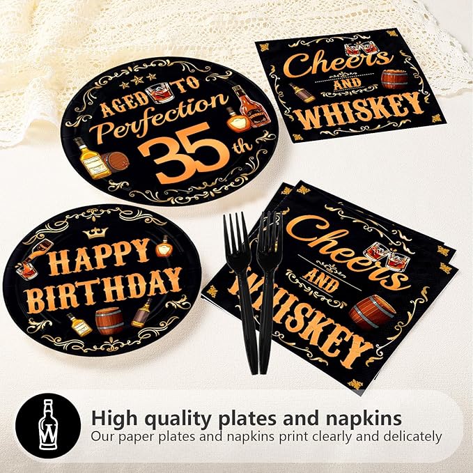 96 Pcs Whiskey 35th Birthday Party Supplies Aged To Perfection 35th Plates and Napkins Disposable Cheers and Whiskey Tableware Set for Men Vintage 35 Years Old Birthday Party Decorations Serves 24