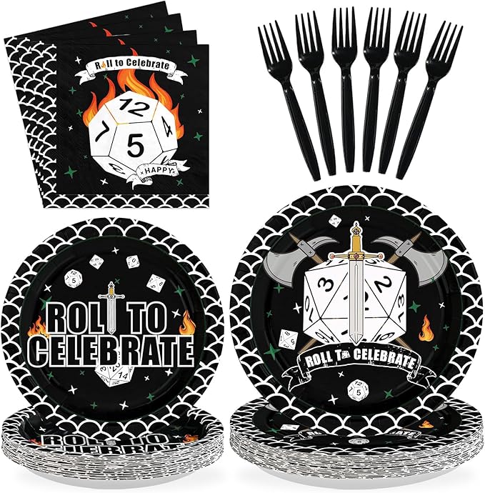 96Pcs D20 Dice Party Supplies Dungeons Game Themed Dragons Dice Plates and Napkins Roll to Celebrate Tableware Set for Role-Playing Birthday Game Theme Party Supplies，Serves 24