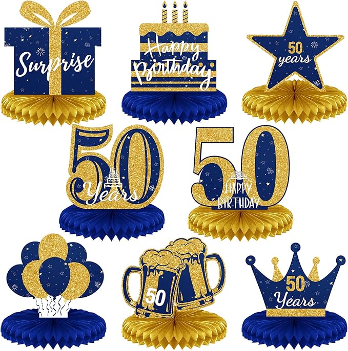 Spakon 8 Pieces Blue Gold 50th Birthday Table Decorations 50th Birthday Honeycomb Centerpieces Glitter Table Toppers Blue and Gold Party Decorations for Men and Women Party Supplies