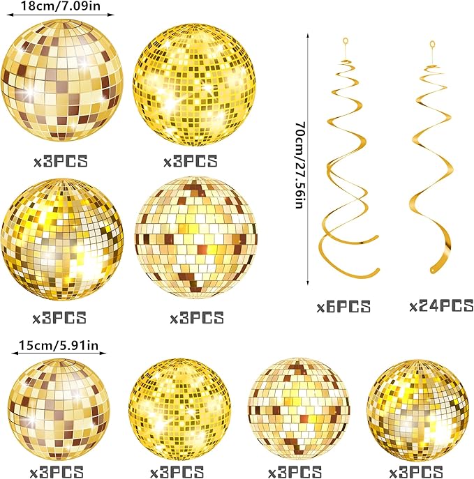 54 Pieces Gold Disco Party Decorations Disco Ball Hanging Swirls 70s Party Hanging Swirls Ceiling Decor for Disco Fever Party 70s Hippie Birthday Party Favors Supplies