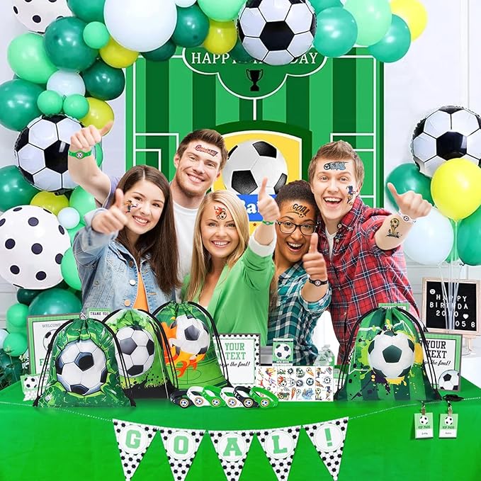Winrayk 12 Sets Soccer Party Favors Sports Birthday Supplies, Drawstring Bag Silicone Bracelet Keychain Tattoo Sticker, Goodie Stuffer Pinata Filler Teen Kids Boys Soccer Birthday Party Decorations