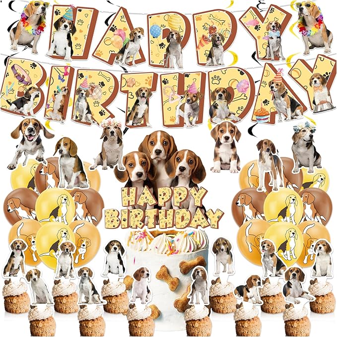 Beagle Theme Party Supplies - Birthday Decorations Including Happy Birthday Banner, Cake Cupcake Toppers, Hanging Swirls, Balloons for Dog Party