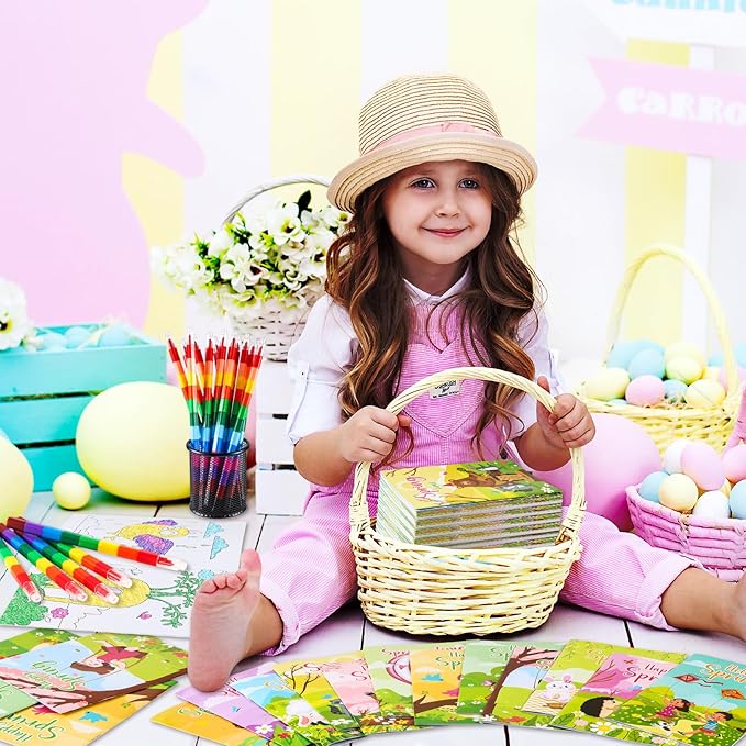 BenLouis 12 Spring Mini Coloring Books Kids with 12 Stacking Crayons Easter Party Favors Small Activity Books Bulk for Kids Spring Butterfly Flower Bee Theme Party Gift Goodie Bag Stuffers