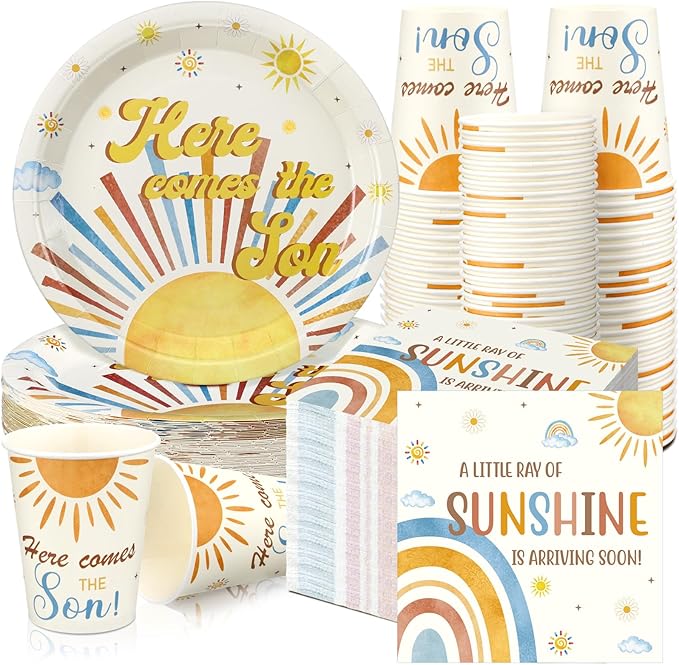 Hushee 200 Pcs Here Comes The Son Baby Shower Paper Plates Napkins Cups Baby Shower Party Supplies Boho Theme Sun Tableware Set Disposable Cup Napkin for 50 Guest Party Decoration