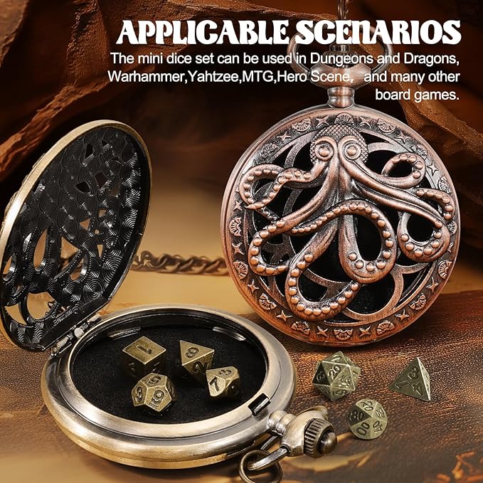 D&D Dice Set,7PCS Metal Dice for Dungeons and Dragons,Mini Dice Set with Pocket Watch Case,Role Playing Board Games Accessories (Octopus, Bronze)