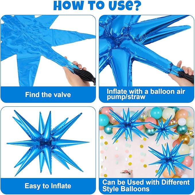 10 Pcs Blue Star Balloons Explosion Starburst Balloons Foil Cone Balloon Magic for Birthday Wedding Anniversary Party Backdrops Decorations Supplies, 6 Pcs 22Inches and 4 Pcs 27Inches