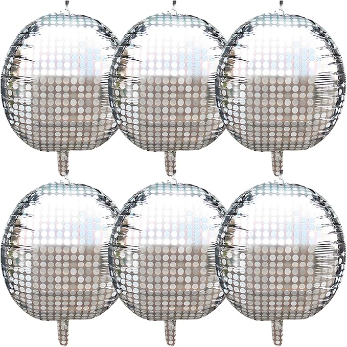 FBQ 6 Pcs Silver Disco Balloon 4D Circular Dots Disco Balloon for 70s 80s 90s Theme Disco Decorations Baby Shower Birthday Party Supplies