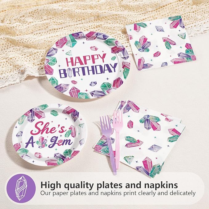 96Pcs Pink & Purple Gem Stone Birthday Party Supplies She's a Gem Plates and Napkins Disposable Pink Purple Jewel Crystal Diamond Tableware Set for Girls Happy Birthday Party Decorations Serves 24
