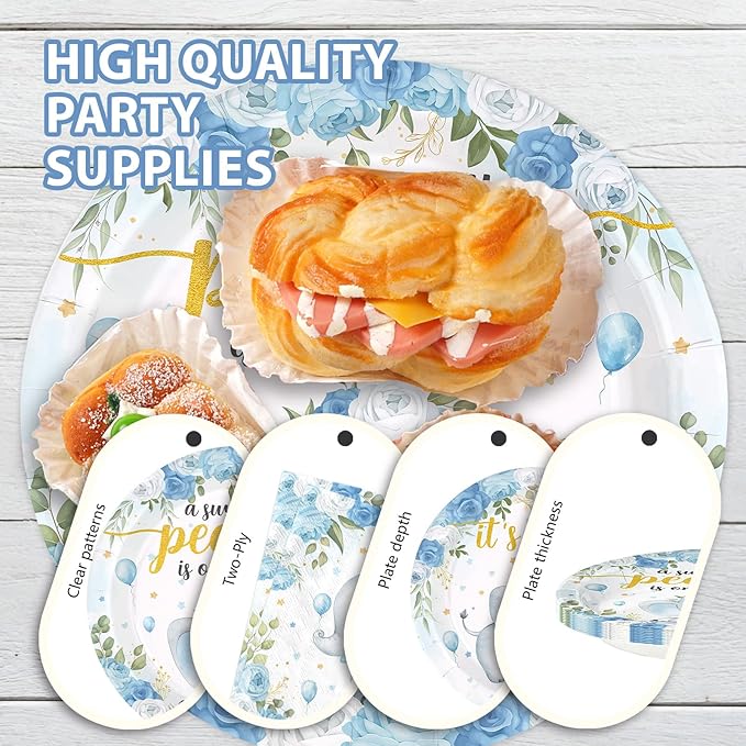 96Pcs Elephant Baby Shower Party Decorations Blue Elephant Plates and Napkins Tableware Set Baby Blue Floral Cute Themed Decorations Favors for Boy Girl Gender Reveal Birthday Party Supplies Serves 24