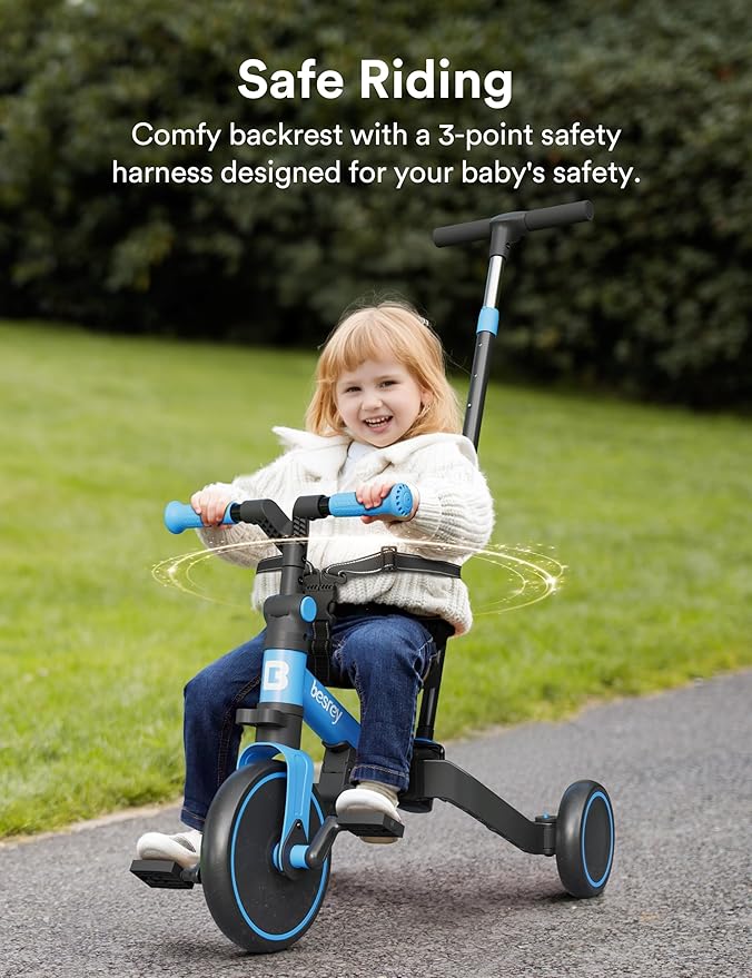 besrey 4 in 1 Toddler Bike, Toddler Tricycle for 1-3 Year Old, Trike with Push Handle, Backrest and Safety Belt, Birthday Gifts and Toys for Boys and Girls, Balance Bike (Blue)