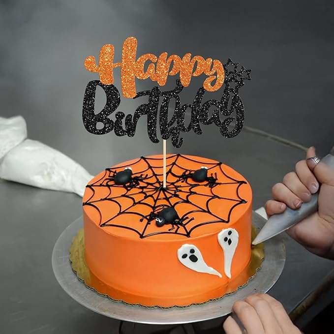 Ephlyn 1Pcs Happy Birthday Cake Topper Glitter Happy Birthday Cake Pick for Halloween Baby Shower Theme Anniversary Party Cake Decorations Supplies Black Orange