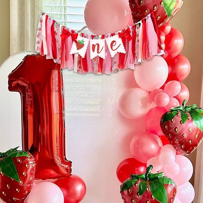 Strawberry One High Chair Banner - Strawberry 1st Birthday Party Decoration, Sweet Berry First Birthday Party Supplies, Berry Sign Anniversary Photo Background Props(Strawberry one banner red)