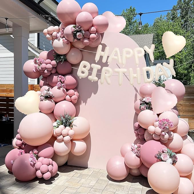 29PC Pink Heart Happy Birthday Balloon Banner, 16Inch 3D Aluminum Letter Banner Sign, Dusty Pink Rose Gold Pearl White Balloons 18 Inch Heart Foil Balloons for Baby Shower Decorations