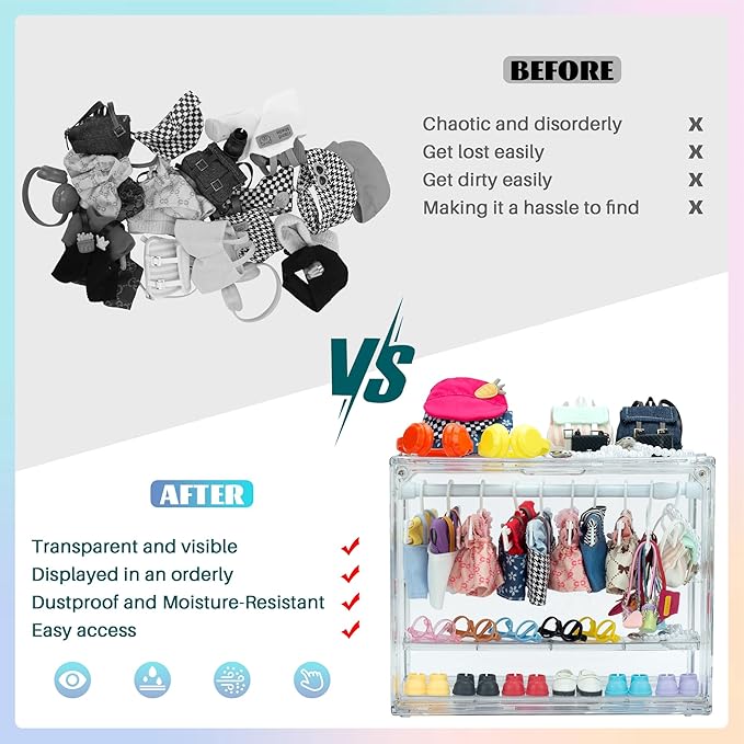Clear Doll Wardrobe Storage Box,Doll Clothes Closet Desktop,Doll Accessories Display Box,Dolls Outfit Storage Organizer with Hangers & Rod(Not Include Any Accessories)