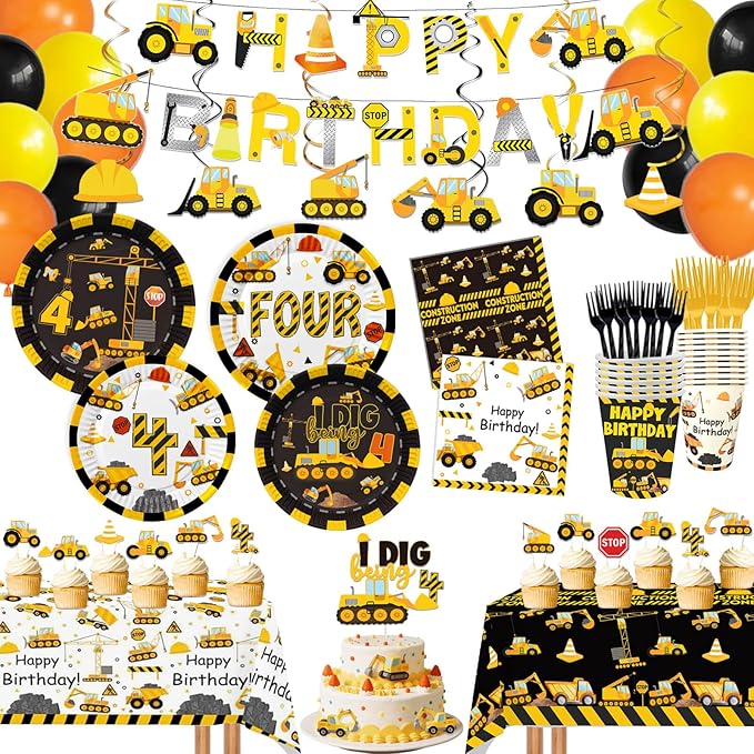 210 Pcs Construction 4th Birthday Decorations - Includes Plates Napkins Cups Cake Cupcake Toppers Banner Hanging Swirls Tablecloths Balloons for Construction Boy Four Years Old Bday Party Supplies