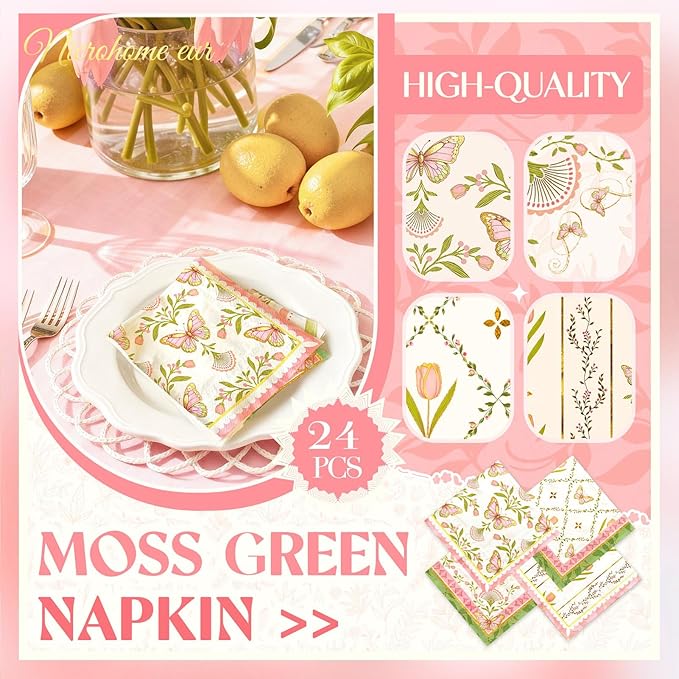 Vintage Floral Paper Napkins 10x10 Inch - 24 Count Tea Party Disposable Napkins, Pink Green Tulip Butterfly Design 3-Ply Cocktail Napkins for Wedding, Birthday, Easter, Garden Party