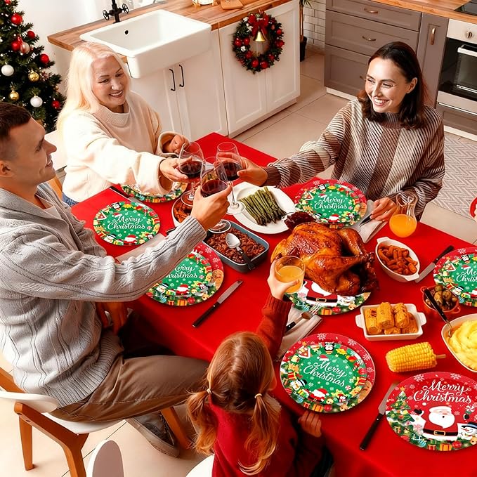 24 Pcs Merry Christmas Paper Plates - Cute Round Christmas Plates, Santa Claus Snowmen Dinner Dessert Plate Disposable Dinnerware Set for Winter Holiday Xmas Party Table Decorations Supplies Favors