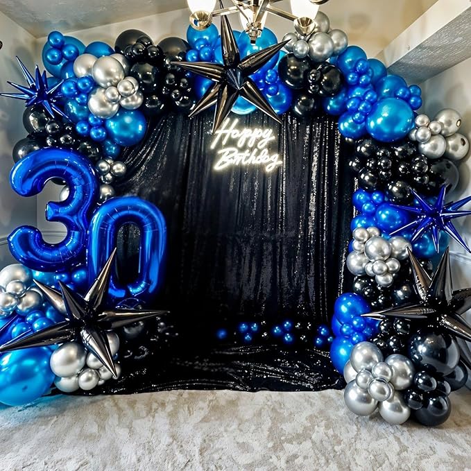 Blue and Black Balloon Arch Kit,Royal Light Blue Metallic Blue Black Balloons with Star Foil Balloon for Kids Boy Blue Birthday Baby Shower Anniversary Graduation Wedding Police Party Decorations