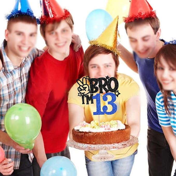 1 PCS Brother I'm 13 Cake Topper Glitter Star Happy 13th Birthday Cake Pick Bro I'm 13 Cake Decoration It's My 13th Birthday Decorations for Boys Cheers to 13 Years Old Birthday Party Supplies Blue