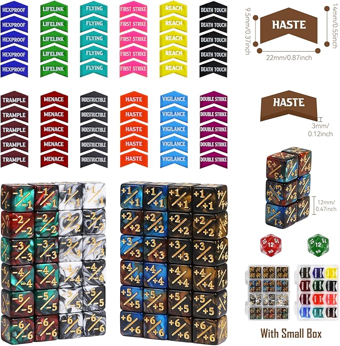 110 Pieces MTG Keyword Tokens 12mm Counters Dice for Magic The Gatering, MTG Abilities Keyword Buff Tokens D6 D20 Life Counter Dice for TCG CCG Magic Card Games Accessories