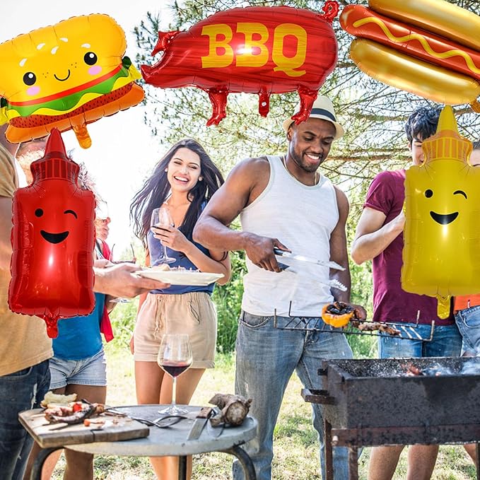 10Pcs Picnic BBQ Party Balloons Hamburger Hot Dog Ketchup Mustard Bottle Balloons for BBQ Picnic Cookout Summer Birthday Baby Shower Party Decorations Supplies
