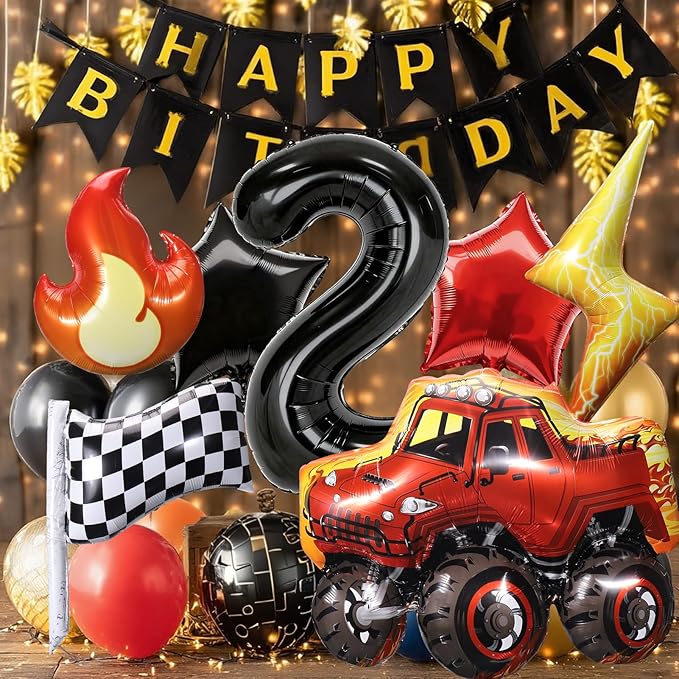 Truck Number 2 Balloons, Huge Truck Flags Lightning Flame Stars Aluminum Foil Balloons for 2nd Birthday, Race Car Theme Party Decorations Supplies