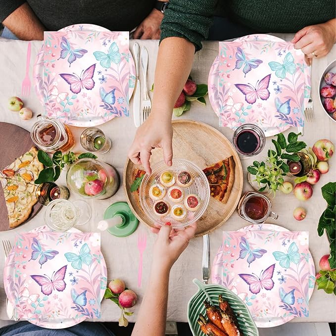 72Pcs Butterfly Plates and Napkins, Butterfly Birthday Paper Plates and Napkins with Forks Disposable Tableware Set for Girl Butterfly Birthday Decorations