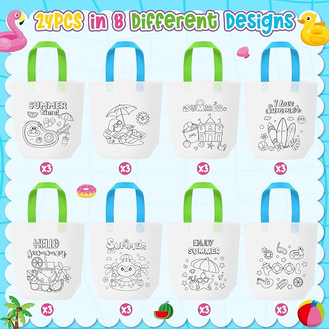 Summer Coloring Goodie Bags for Kids - 24Pcs Hello Summer Beach Bulk Color Your Own Gift Bags with Handle Pool Theme Reusable Coloring Bag Non Woven Tote Bag for DIY Crafts Painting Party Favors