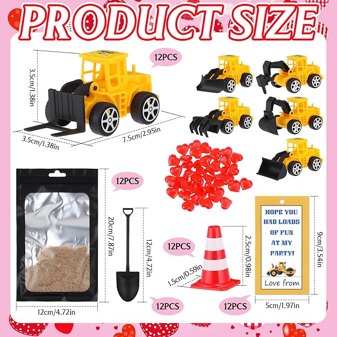 Jenaai 12 Set Construction Party Favors Truck Vehicle Set with Sand Greeting Cards Mini Cars Truck Tractor Forklift for Construction Birthday Party Supplies Gift Reward Goodie Bag Stuffer