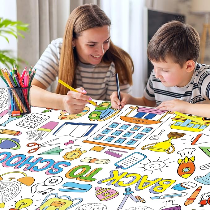 Back to School Large Coloring Poster for Kids 30 x 72 Inch, Giant Coloring Paper Tablecloth Decorations, Color-in Activities Games for Classroom Supplies Must Haves