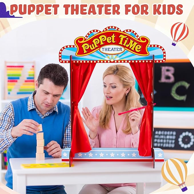 Wooden Tabletop Puppet Theater with Curtains, Puppet Show Stage, Imaginative Play Theatre, Inspires Imagination and Creativity, 17.7 x 5.9 x 22.1 Inches (Circus)