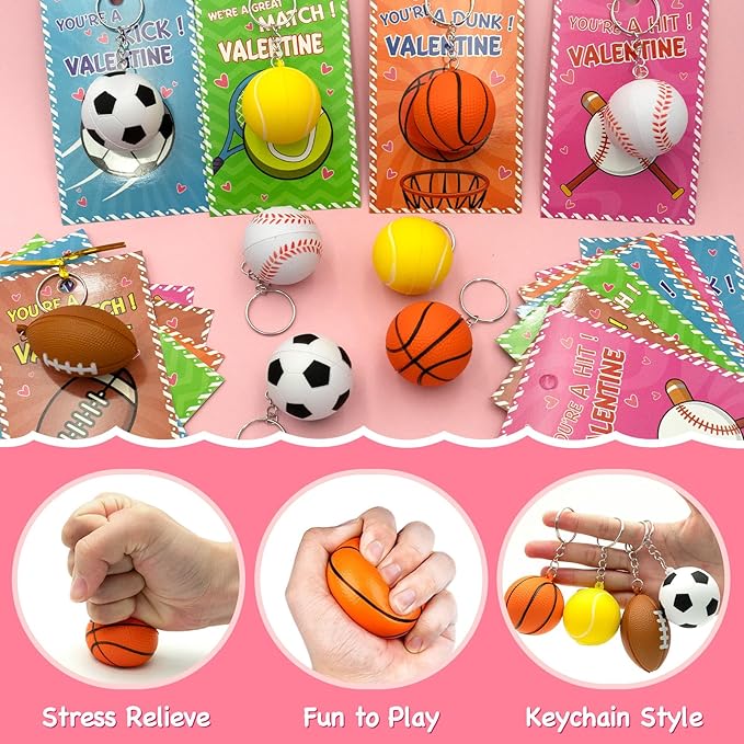 30 Pack Sports Valentines Cards Gifts for Kids School Classroom Squeeze Foam Balls Keychain Stress Relief Valentine Exchange Gift Prizes Class Game Valentine Party Favors for Kids Girls Boys
