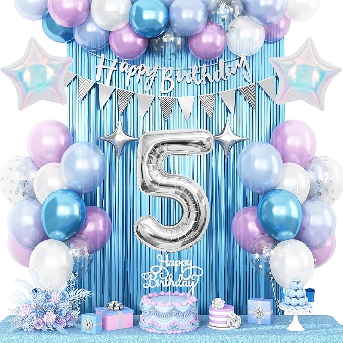 5th Snow Birthday Decorations for Girl, Blue Purple Balloons with Happy Birthday Banner Curtain Silver Number 5 Balloon Iridescent Star Foil Balloons for Girls Baby Shower Birthday Party Supplies