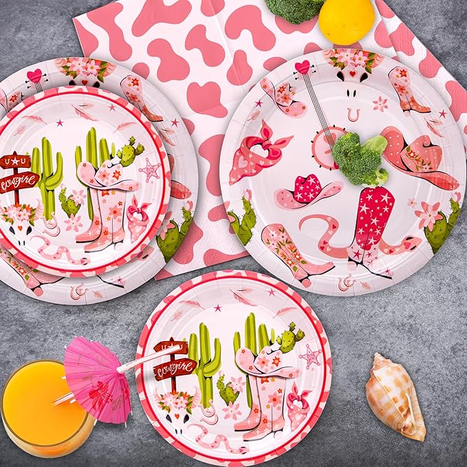 180PCS Cowgirl Party Supplies Serve 60, Western Party Paper Plates and Napkins Set for Pink Cowgirl Rodeo Birthday Bachelorette Party Decorations, Includes Dinner Plates, Dessert Plates, Napkins