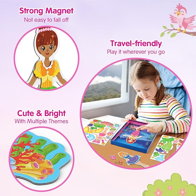 Mocoosy Magnetic Dress Up Dolls for Girls, Princess Mermaid Fairy Ballerina Magnet Doll Dress Up Kit, Travel Game Airplane Car Road Trip Activities Toy Birthday Easter Gift Toddler Girl Age 3 4 5 6 7