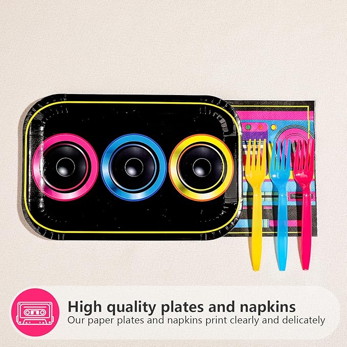 96Pcs 80s 90s Party Decorations Cassette Tape Plates and Napkins Retro Disco Music Themed Supplies Hip Hop Kpop Disposable Tableware for Retro 80s 90s Birthday Party Decorations